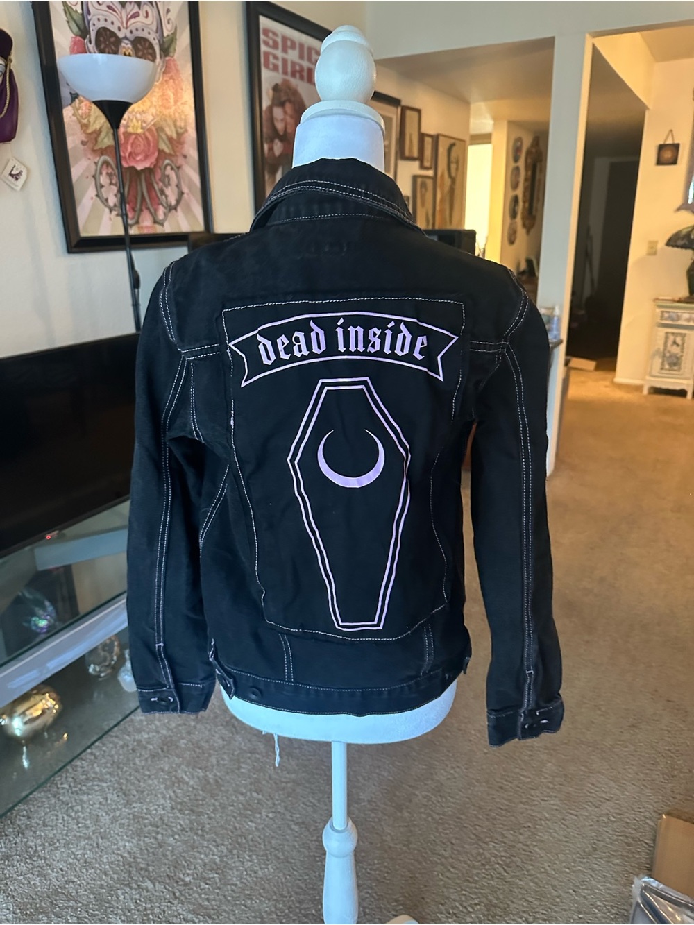 Hot Topic Black Denim Jacket with Pink 'Dead Inside' Coffin Patch